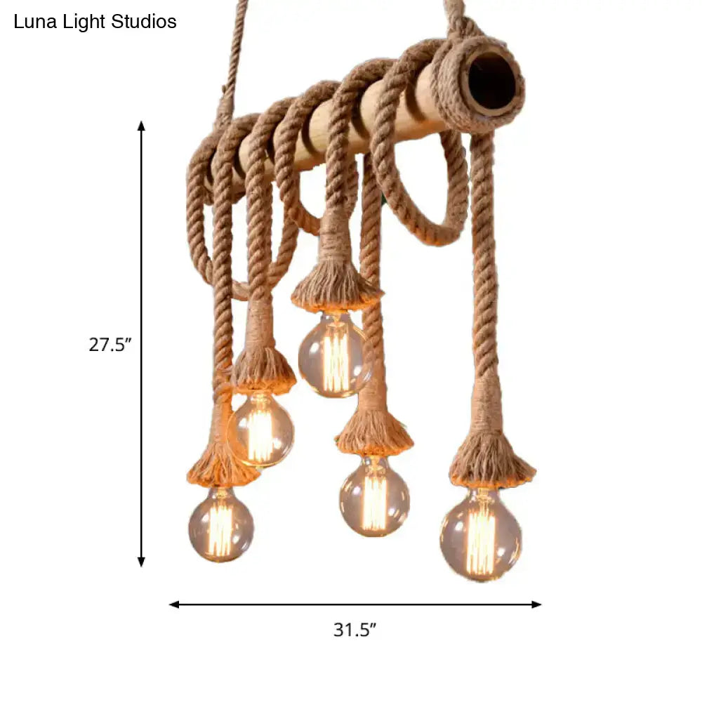 DecorBites™ lodge industrial beige island light with adjustable rustic rope and bamboo chandelier with five exposed bulbs