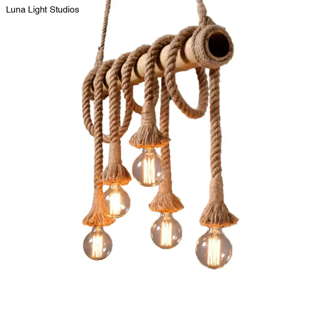 DecorBites lodge industrial beige island light with rope-wrapped wood pipe pendant and five exposed filament bulbs