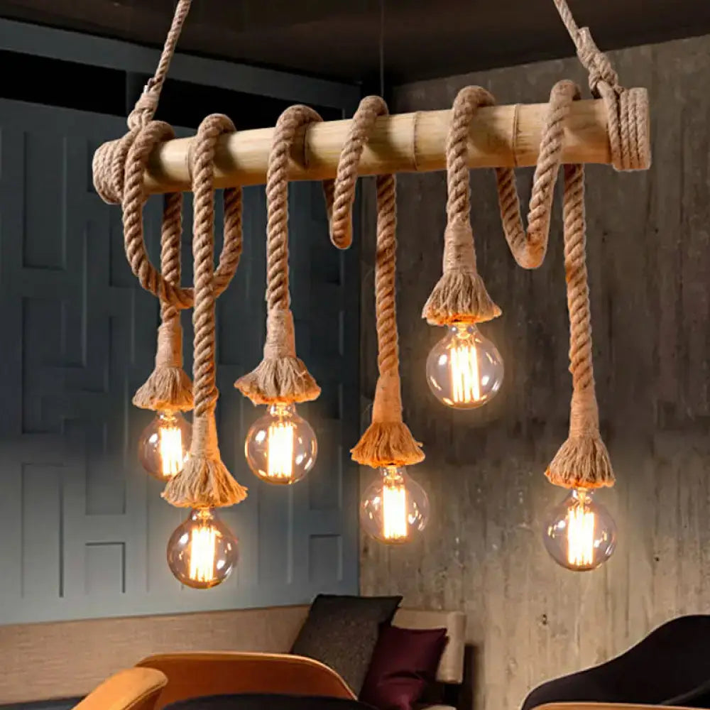 Rustic nautical-style DecorBites lodge industrial beige island light with adjustable bamboo beam and natural rope knots