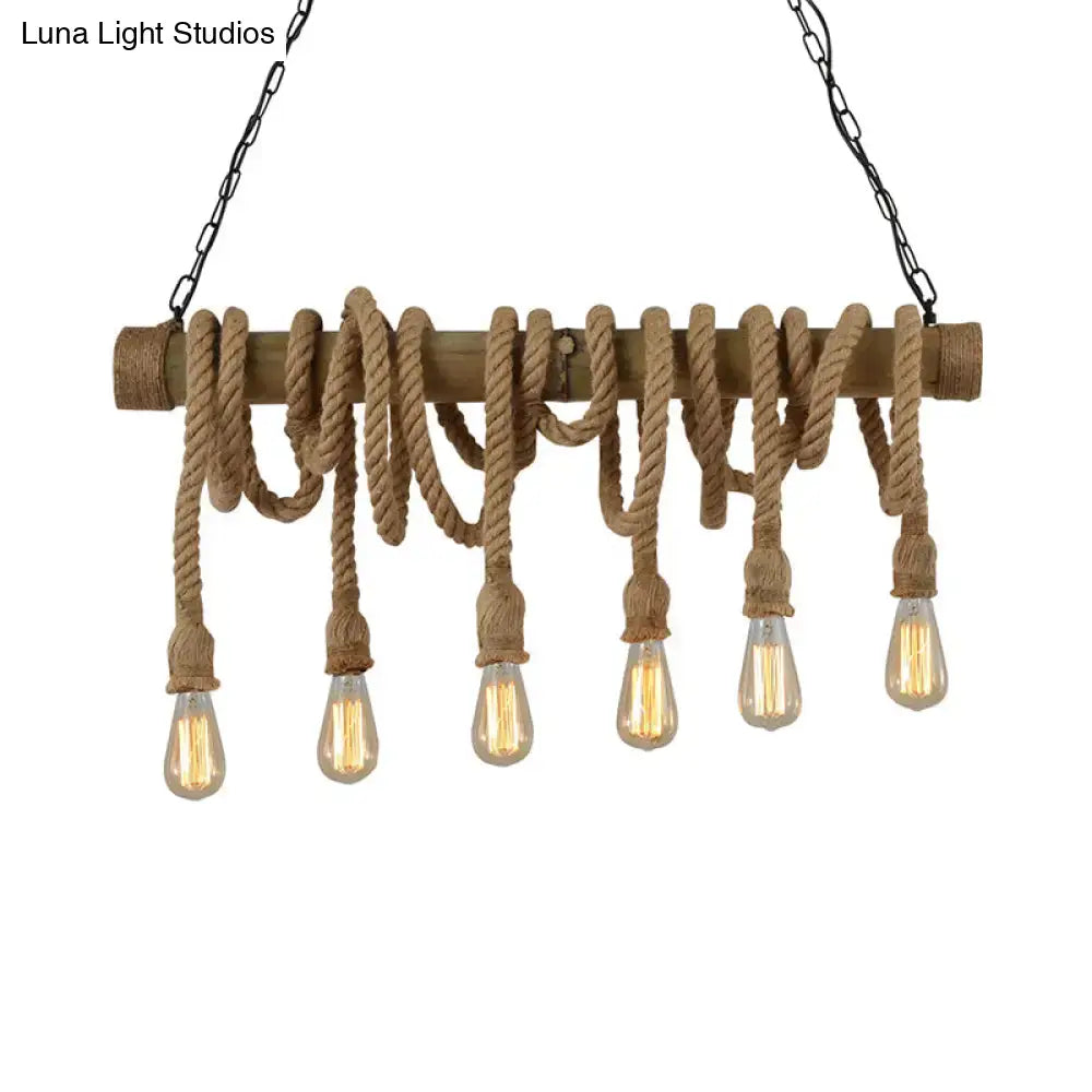 Rustic wooden island light with thick beige rope and five exposed filament bulbs from decorbites lodge industrial series