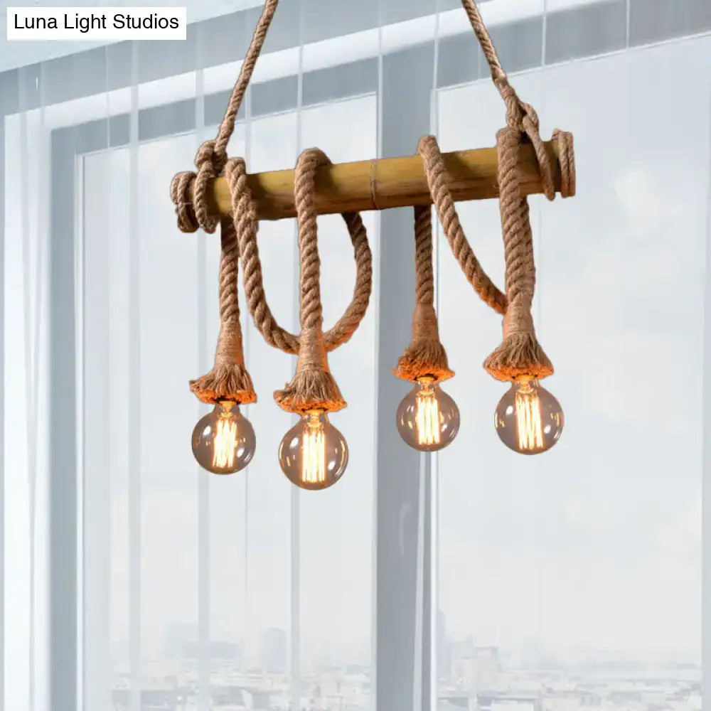 Rustic bamboo island light with beige finish, natural rope suspension, and four exposed filament bulbs by DecorBites™