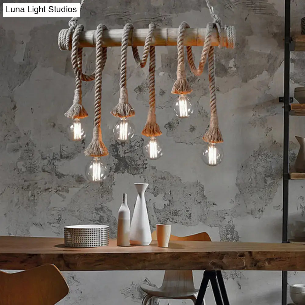 Beige bamboo island light by DecorBites with adjustable rope and multiple exposed filament bulbs for industrial style