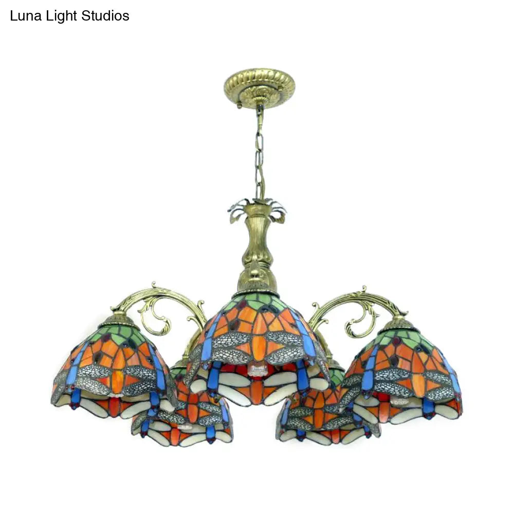 Rustic Lodge Stained Glass Dragonfly Chandelier with 5/8 Suspension Lights: Perfect for Stairways