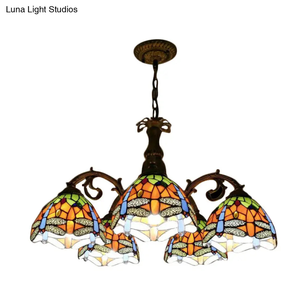 Rustic Lodge Stained Glass Dragonfly Chandelier with 5/8 Suspension Lights: Perfect for Stairways