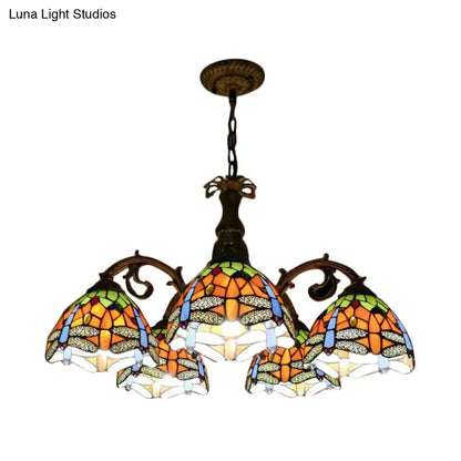 Rustic Lodge Stained Glass Dragonfly Chandelier with 5/8 Suspension Lights: Perfect for Stairways