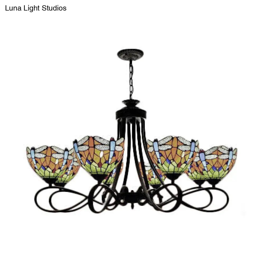 Rustic Lodge Stained Glass Dragonfly Chandelier with 5/8 Suspension Lights: Perfect for Stairways
