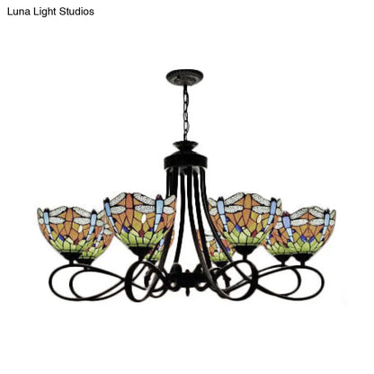 Rustic Lodge Stained Glass Dragonfly Chandelier with 5/8 Suspension Lights: Perfect for Stairways