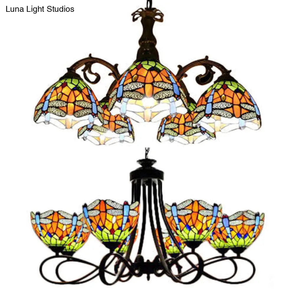Rustic Lodge Stained Glass Dragonfly Chandelier with 5/8 Suspension Lights: Perfect for Stairways