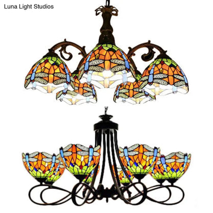 Rustic Lodge Stained Glass Dragonfly Chandelier with 5/8 Suspension Lights: Perfect for Stairways