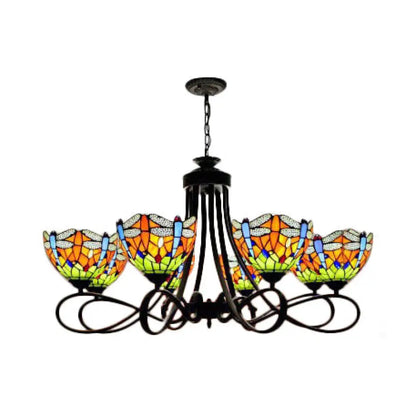 Rustic Lodge Stained Glass Dragonfly Chandelier with 5/8 Suspension Lights: Perfect for Stairways