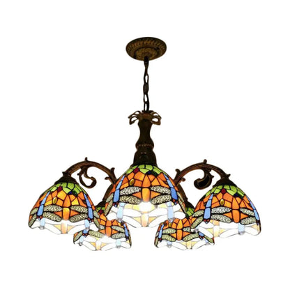 Rustic Lodge Stained Glass Dragonfly Chandelier with 5/8 Suspension Lights: Perfect for Stairways