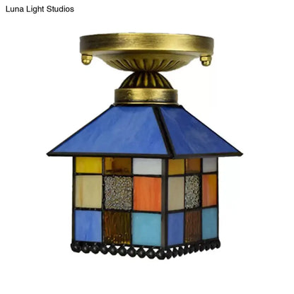 DecorBites™ DecorBites™ Rustic Lodge Stained Glass Flush Mount Lamp - 1-Head House Flush Lighting in Black/Blue/Brass