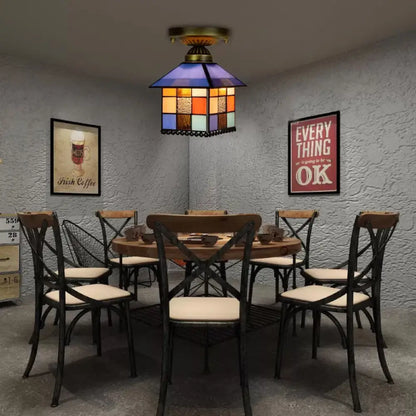 DecorBites™ DecorBites™ Rustic Lodge Stained Glass Flush Mount Lamp - 1-Head House Flush Lighting in Black/Blue/Brass