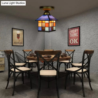 DecorBites™ DecorBites™ Rustic Lodge Stained Glass Flush Mount Lamp - 1-Head House Flush Lighting in Black/Blue/Brass