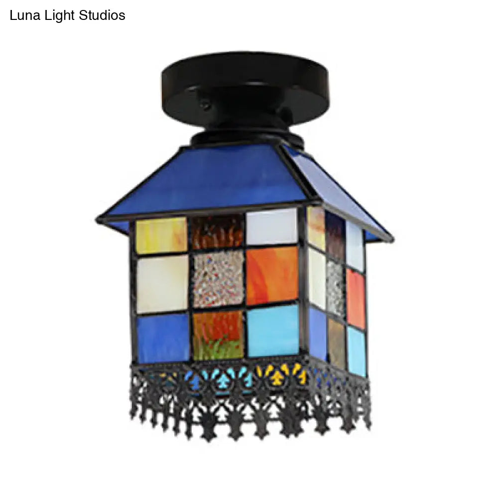 DecorBites™ DecorBites™ Rustic Lodge Stained Glass Flush Mount Lamp - 1-Head House Flush Lighting in Black/Blue/Brass