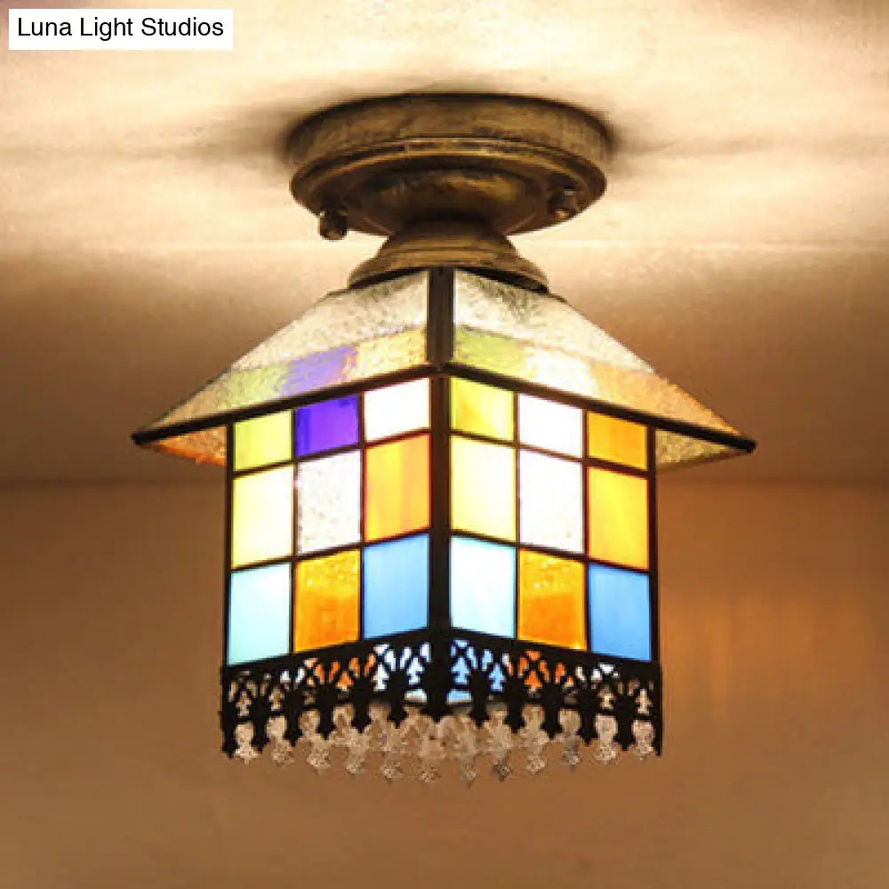 DecorBites™ DecorBites™ Rustic Lodge Stained Glass Flush Mount Lamp - 1-Head House Flush Lighting in Black/Blue/Brass