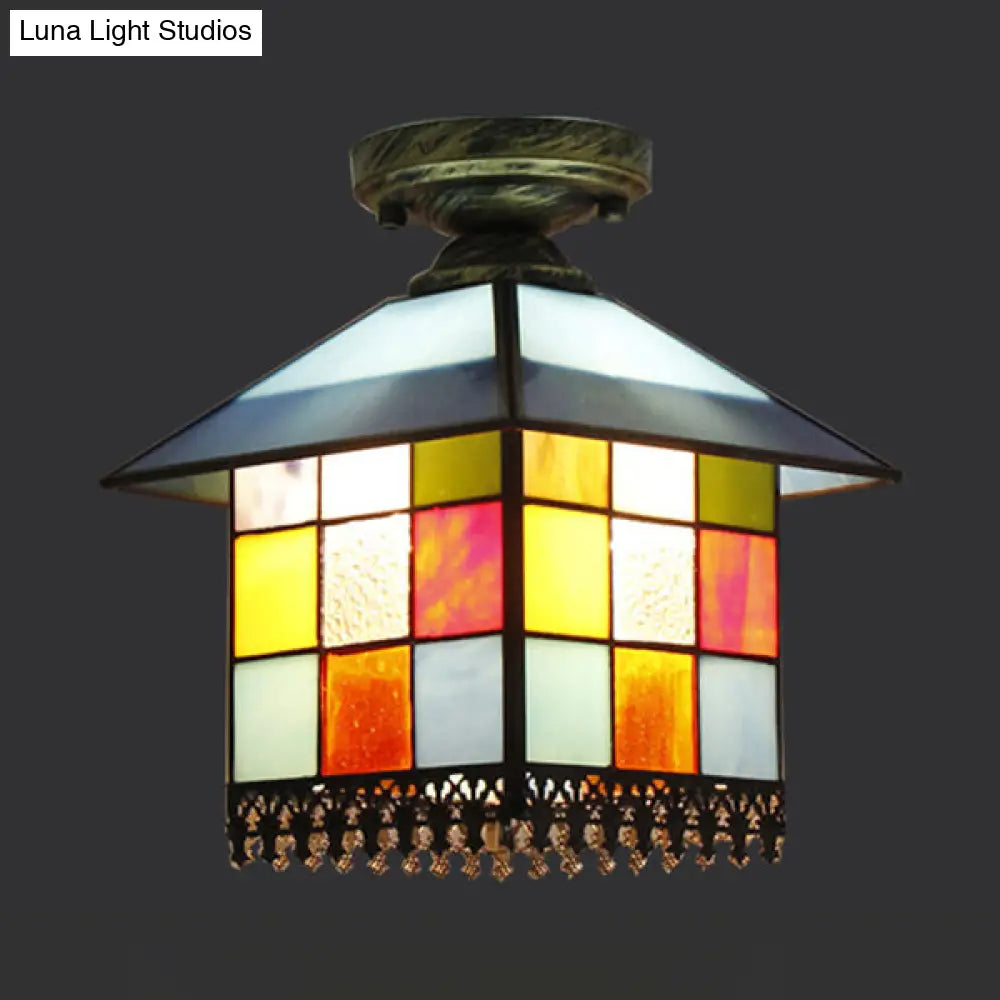 DecorBites™ DecorBites™ Rustic Lodge Stained Glass Flush Mount Lamp - 1-Head House Flush Lighting in Black/Blue/Brass