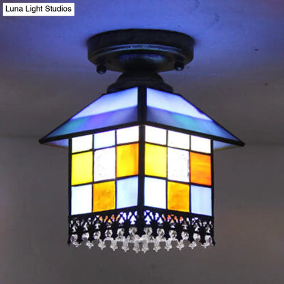 DecorBites™ DecorBites™ Rustic Lodge Stained Glass Flush Mount Lamp - 1-Head House Flush Lighting in Black/Blue/Brass