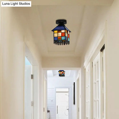 DecorBites™ DecorBites™ Rustic Lodge Stained Glass Flush Mount Lamp - 1-Head House Flush Lighting in Black/Blue/Brass