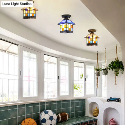 DecorBites™ DecorBites™ Rustic Lodge Stained Glass Flush Mount Lamp - 1-Head House Flush Lighting in Black/Blue/Brass