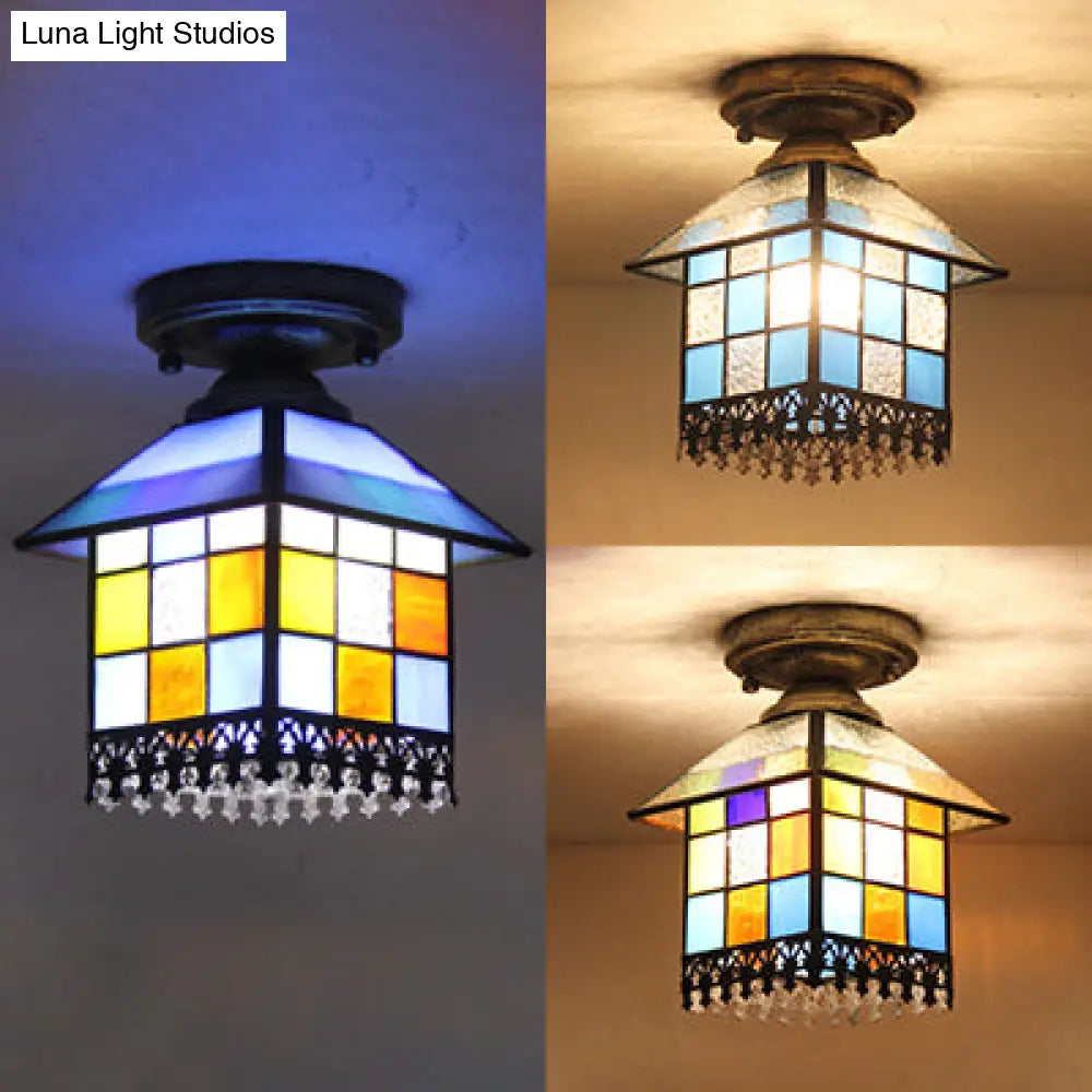 DecorBites™ DecorBites™ Rustic Lodge Stained Glass Flush Mount Lamp - 1-Head House Flush Lighting in Black/Blue/Brass
