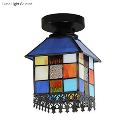 DecorBites™ DecorBites™ Rustic Lodge Stained Glass Flush Mount Lamp - 1-Head House Flush Lighting in Black/Blue/Brass