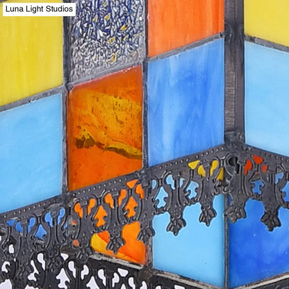 DecorBites™ DecorBites™ Rustic Lodge Stained Glass Flush Mount Lamp - 1-Head House Flush Lighting in Black/Blue/Brass