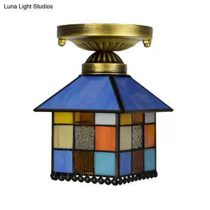 DecorBites™ DecorBites™ Rustic Lodge Stained Glass Flush Mount Lamp - 1-Head House Flush Lighting in Black/Blue/Brass