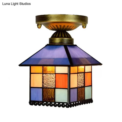 DecorBites™ DecorBites™ Rustic Lodge Stained Glass Flush Mount Lamp - 1-Head House Flush Lighting in Black/Blue/Brass