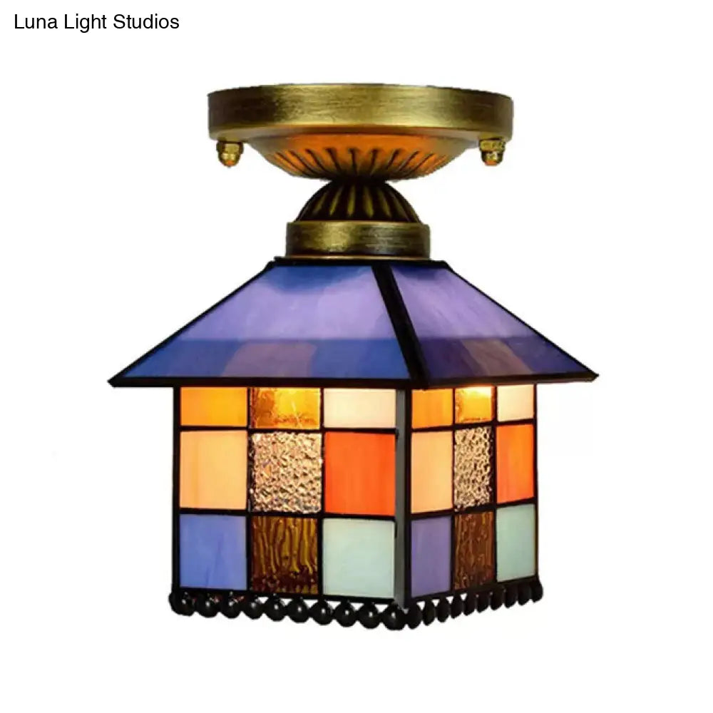 DecorBites™ DecorBites™ Rustic Lodge Stained Glass Flush Mount Lamp - 1-Head House Flush Lighting in Black/Blue/Brass