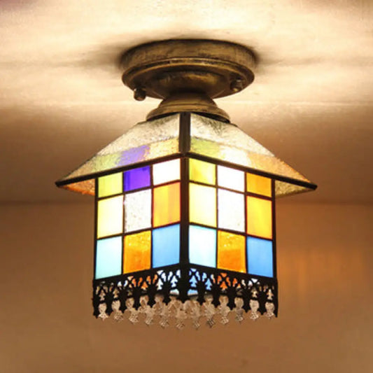 DecorBites™ DecorBites™ Rustic Lodge Stained Glass Flush Mount Lamp - 1-Head House Flush Lighting in Black/Blue/Brass