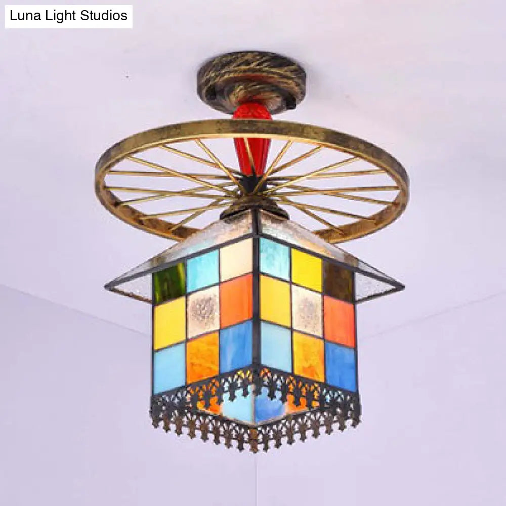DecorBites™ DecorBites™ Rustic Lodge Stained Glass House Semi Flush Light with Antique Bronze/Clear/Blue Accents