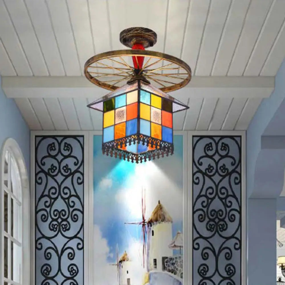 DecorBites™ DecorBites™ Rustic Lodge Stained Glass House Semi Flush Light with Antique Bronze/Clear/Blue Accents