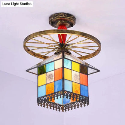 DecorBites™ DecorBites™ Rustic Lodge Stained Glass House Semi Flush Light with Antique Bronze/Clear/Blue Accents
