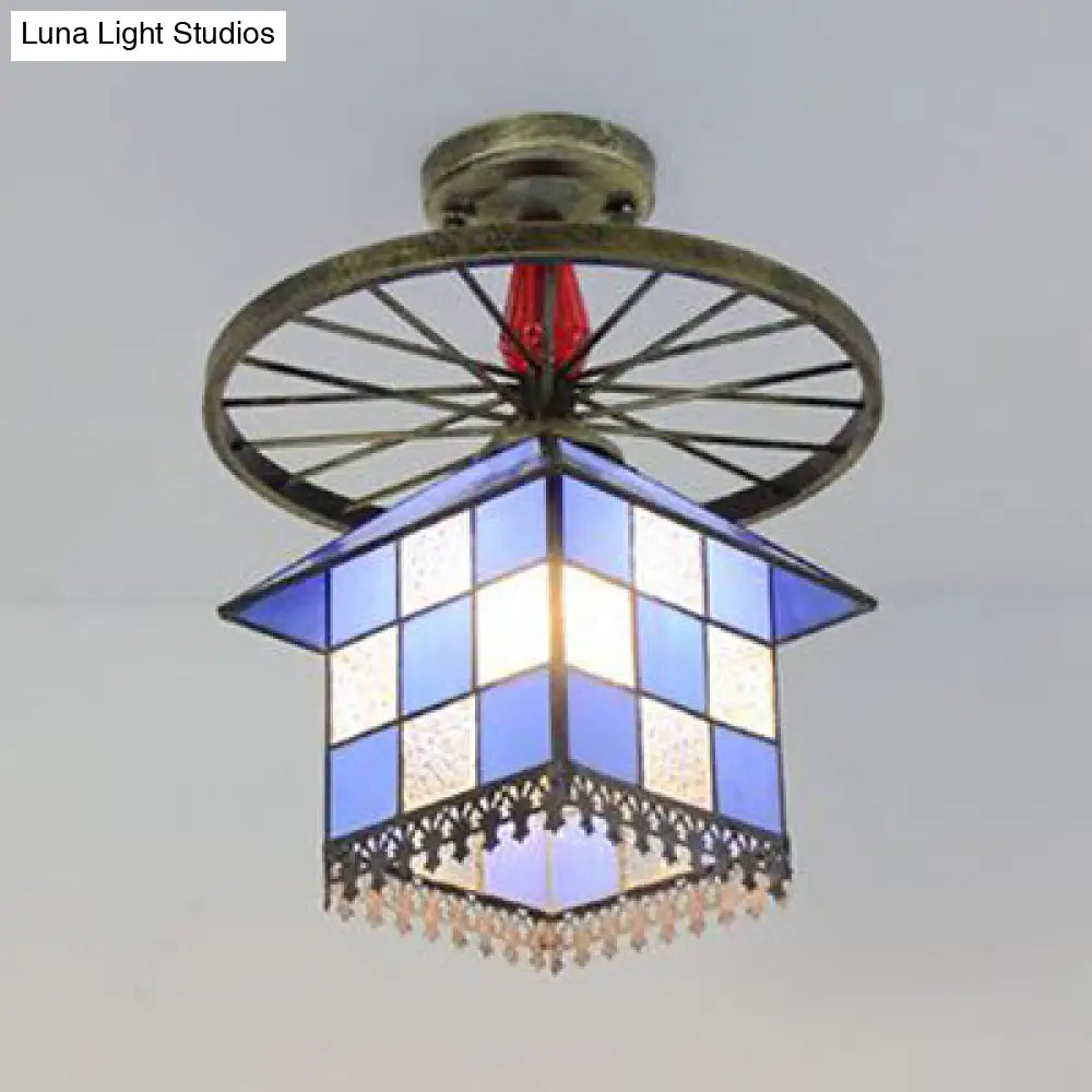 DecorBites™ DecorBites™ Rustic Lodge Stained Glass House Semi Flush Light with Antique Bronze/Clear/Blue Accents