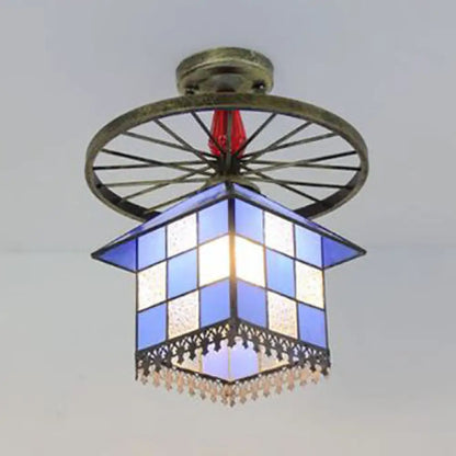 DecorBites™ DecorBites™ Rustic Lodge Stained Glass House Semi Flush Light with Antique Bronze/Clear/Blue Accents