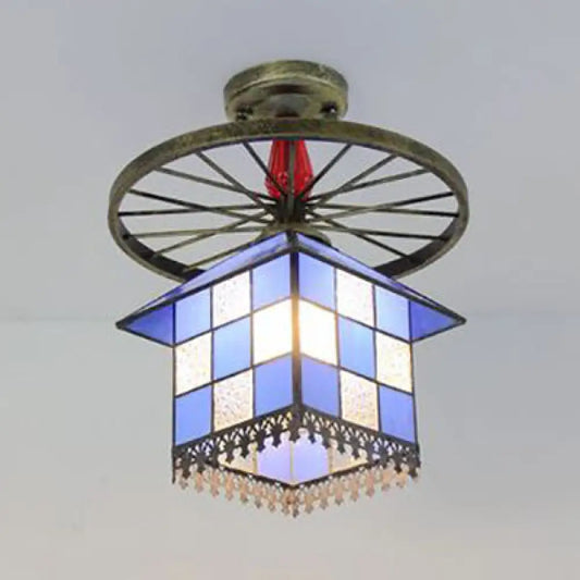 DecorBites™ DecorBites™ Rustic Lodge Stained Glass House Semi Flush Light with Antique Bronze/Clear/Blue Accents