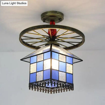 DecorBites™ DecorBites™ Rustic Lodge Stained Glass House Semi Flush Light with Antique Bronze/Clear/Blue Accents