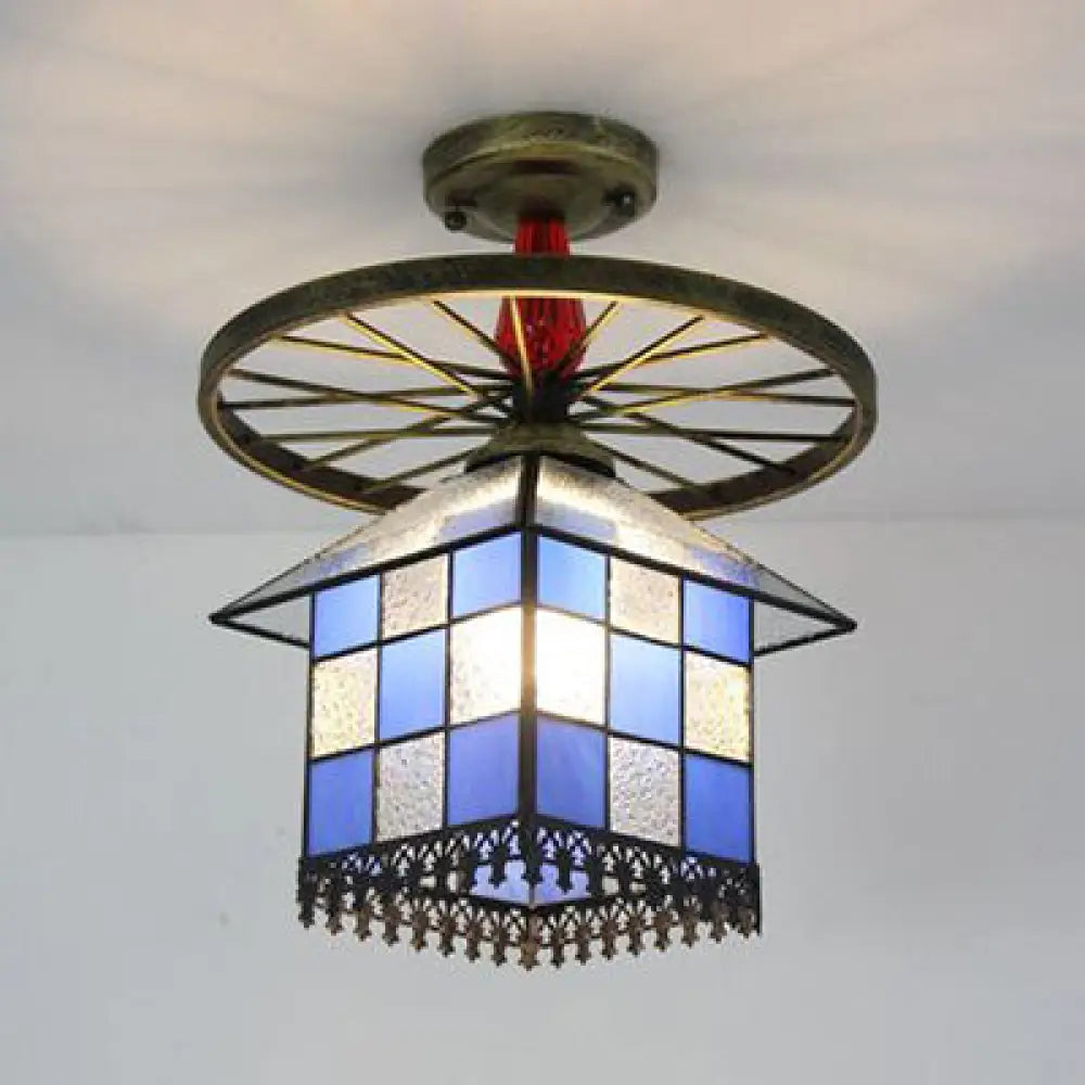 DecorBites™ DecorBites™ Rustic Lodge Stained Glass House Semi Flush Light with Antique Bronze/Clear/Blue Accents