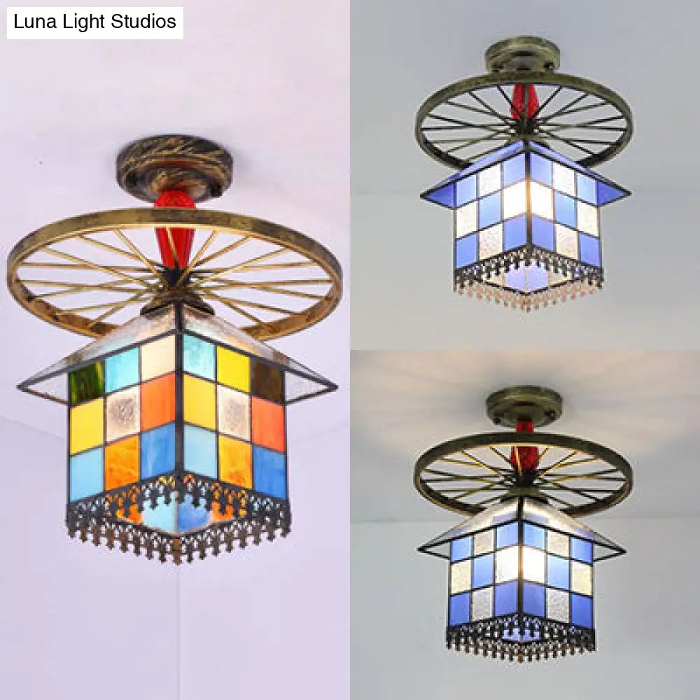 DecorBites™ DecorBites™ Rustic Lodge Stained Glass House Semi Flush Light with Antique Bronze/Clear/Blue Accents