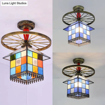 DecorBites™ DecorBites™ Rustic Lodge Stained Glass House Semi Flush Light with Antique Bronze/Clear/Blue Accents