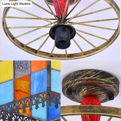 DecorBites™ DecorBites™ Rustic Lodge Stained Glass House Semi Flush Light with Antique Bronze/Clear/Blue Accents