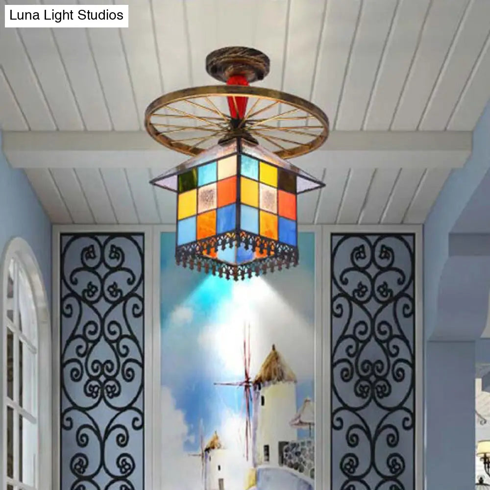 DecorBites™ DecorBites™ Rustic Lodge Stained Glass House Semi Flush Light with Antique Bronze/Clear/Blue Accents