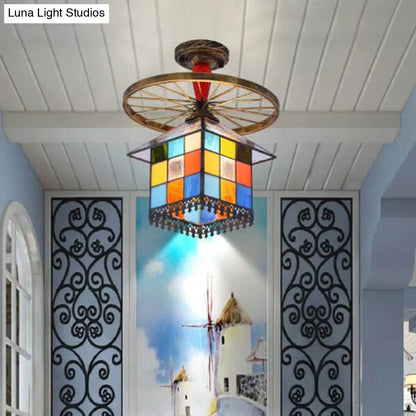 DecorBites™ DecorBites™ Rustic Lodge Stained Glass House Semi Flush Light with Antique Bronze/Clear/Blue Accents