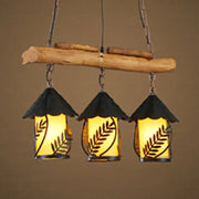 Decorbites rustic loft triple light lantern suspension with black leaf-patterned metal and warm yellow glass shade compatible with 220v-240v and 110v-120v led incandescent fluorescent bulbs