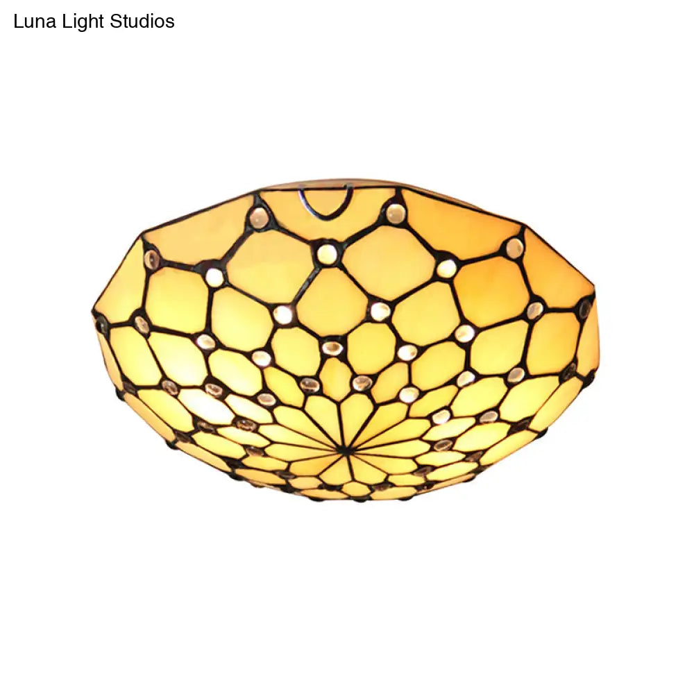 DecorBites™ DecorBites™ Rustic Loft Stained Glass Bowl Flush Light – 2 Bulbs, Beige Ceiling Light for Bedroom