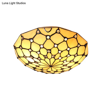 DecorBites™ DecorBites™ Rustic Loft Stained Glass Bowl Flush Light – 2 Bulbs, Beige Ceiling Light for Bedroom