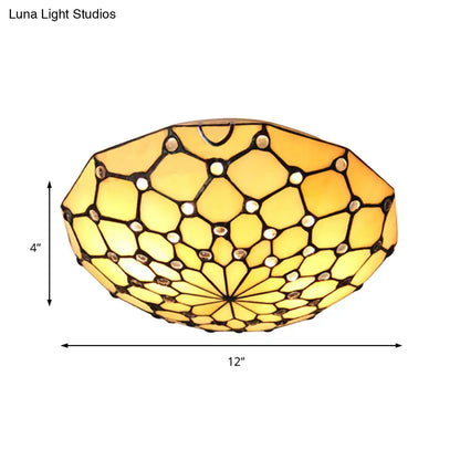 DecorBites™ DecorBites™ Rustic Loft Stained Glass Bowl Flush Light – 2 Bulbs, Beige Ceiling Light for Bedroom