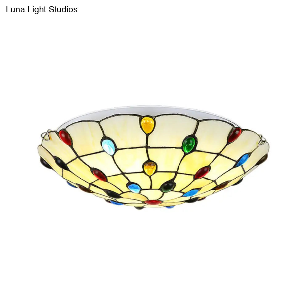 DecorBites™ DecorBites™ Rustic Loft Stained Glass Flush Mount Light in Beige/Yellow - 12"/16"/19.5" Diameter - Bedroom Ceiling Fixture with Jewel Decoration