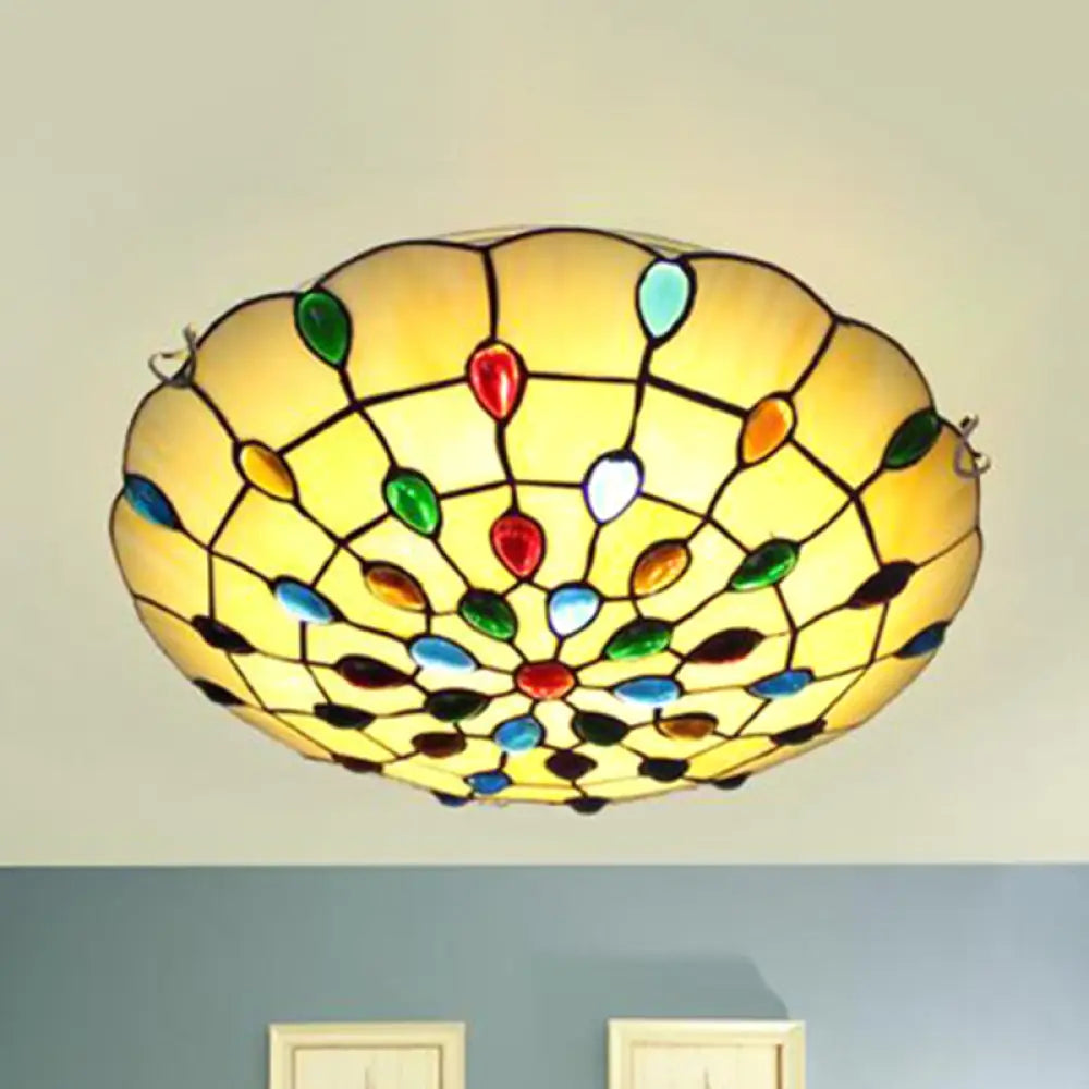 DecorBites™ DecorBites™ Rustic Loft Stained Glass Flush Mount Light in Beige/Yellow - 12"/16"/19.5" Diameter - Bedroom Ceiling Fixture with Jewel Decoration